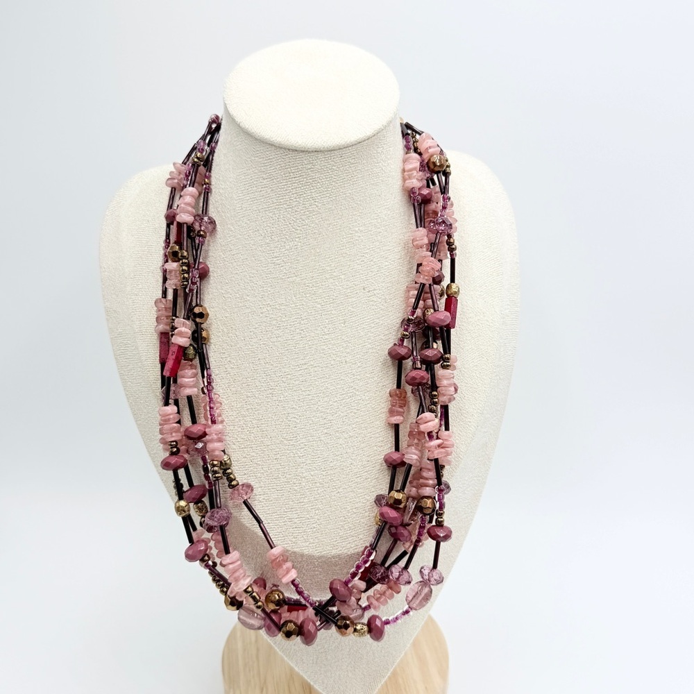 Chico’s Pink Multi Strand Beaded Necklace Boho Statement Layered